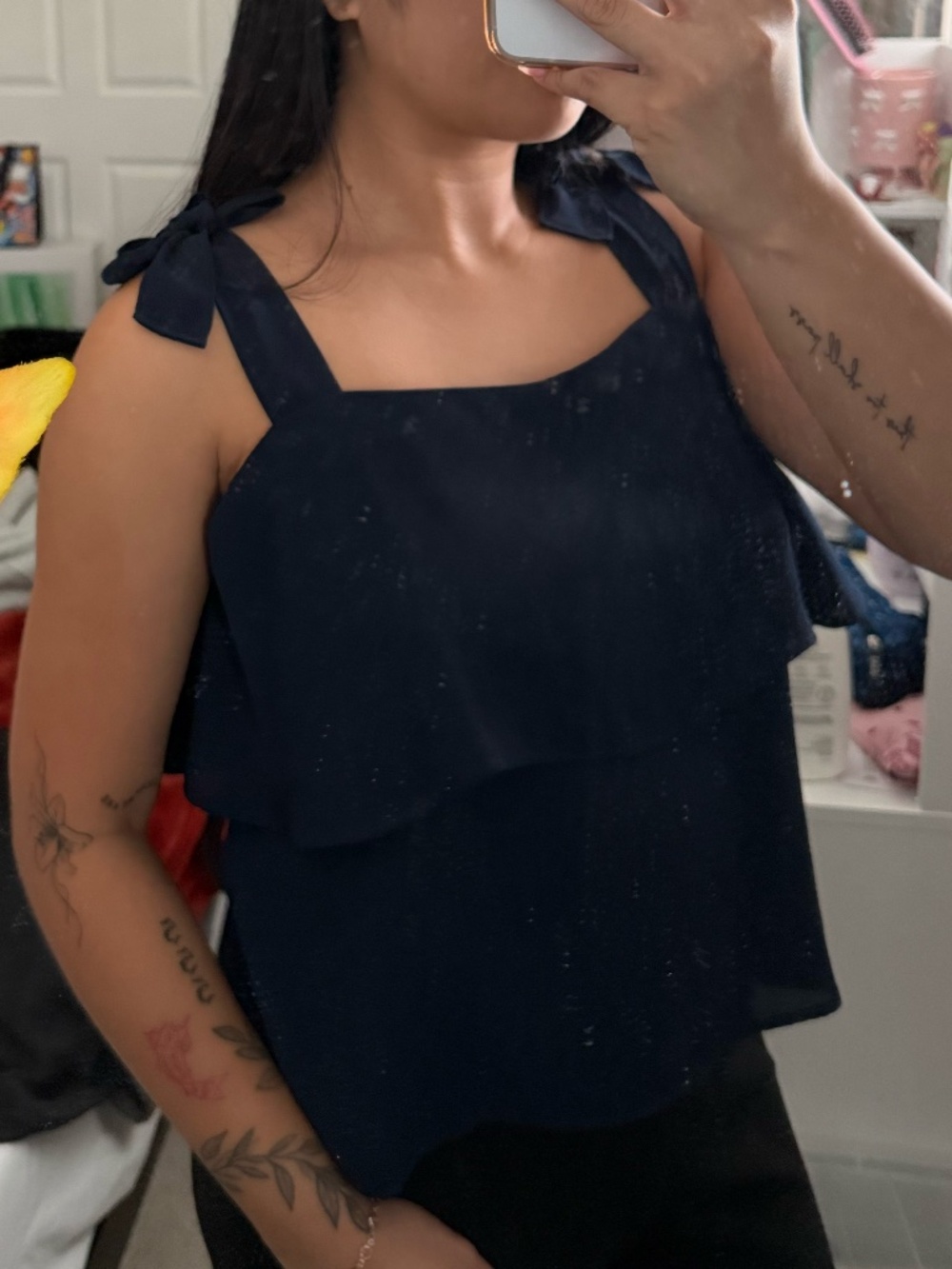 navy blue top with bow on straps petite